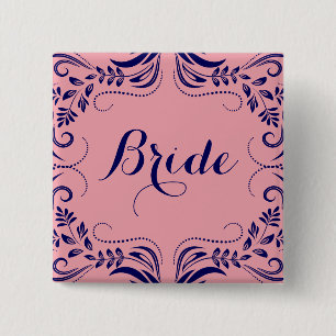 Navy Blue & Pink Floral Lijst Bride Button