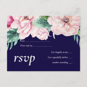 Navy Blue Pink Floral Modern Wedding Budget Uitnodiging Briefkaart