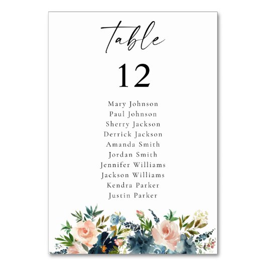 Navy Blue & Pink Floral Table Number Seating Chart Kaart (Voorkant)