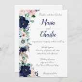 Navy Blue & Pink Floral Wedding Invitation Kaart (Voorkant / Achterkant)