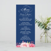 Navy Blue Pink Floral Wedding Menu Sjabloon (Staand voorkant)