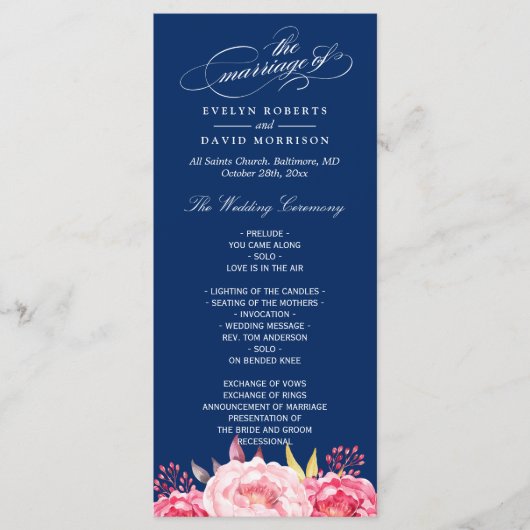 Navy Blue Pink Floral Wedding Programme Sjabloon (Voorkant)