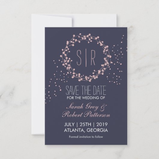 Navy Blue Pink Floral Wreath Wedding Save the Date (Voorkant)
