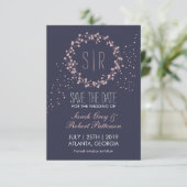 Navy Blue Pink Floral Wreath Wedding Save the Date (Staand voorkant)