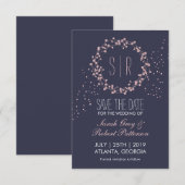 Navy Blue Pink Floral Wreath Wedding Save the Date (Voorkant / Achterkant)