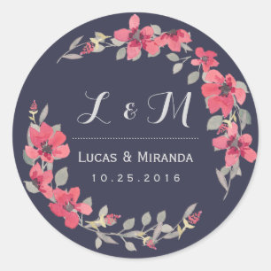 Navy Blue Pink Floral Wreath Wedding Sticker