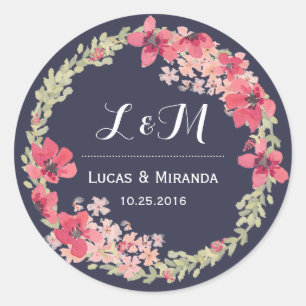 Navy Blue Pink Floral Wreath Wedding Sticker