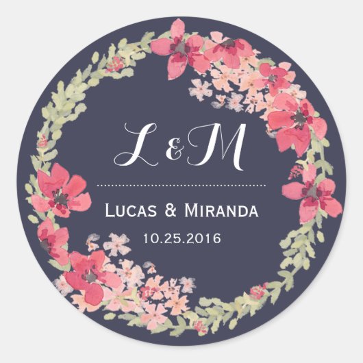 Navy Blue Pink Floral Wreath Wedding Sticker (Voorkant)
