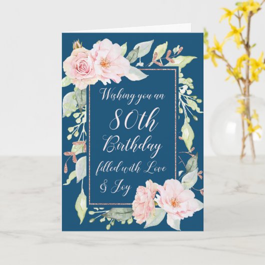 Navy Blue Pink Flowers Happy 80th Birthday Kaart (Gele Bloem)