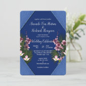 Navy - Blue & Pink Flowers Wedding Kaart (Staand voorkant)