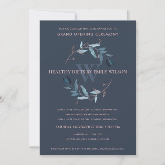 NAVY BLUE PINK FOLIAGE WREATH GRAND OPENING INVITE BEDANKKAART (Voorkant)