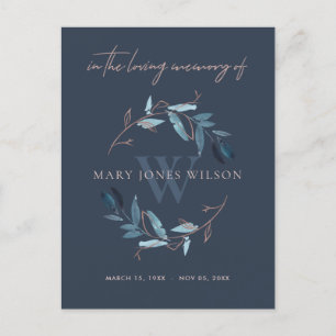 NAVY BLUE PINK FOLIAGE WREATH MEMORIAL DANK U UITNODIGING BRIEFKAART