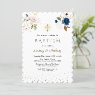Navy Blue Pink Gold Flowers Twins Baptisme Kaart