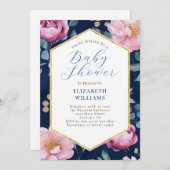 Navy Blue Pink Gold Peonies Baby shower Uitnodigin Kaart (Voorkant / Achterkant)