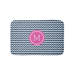Navy Blue Pink Monogram Chevron Stripes Bathmat Badmat