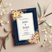 Navy blue pink orange gold floral spring Wedding  Kaart