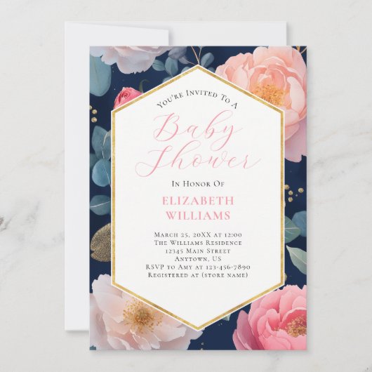 Navy Blue Pink Peonies Baby shower Uitnodiging (Voorkant)