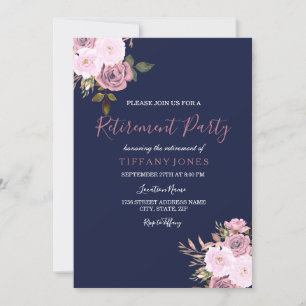 Navy Blue Pink & Roos Gold Retirement Party Invite Kaart