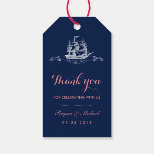 Navy Blue Pink Ship Beach Wedding Gift Label Cadeaulabel (Voorkant)