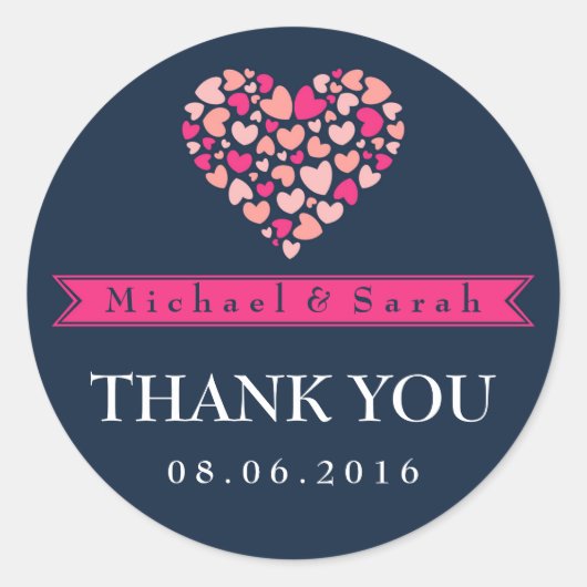 Navy Blue Pink Small Hearts Wedding Favor Sticker (Voorkant)