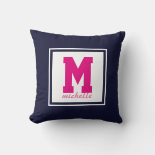 Navy Blue PINK STIPPEN Preppy Monogram NAAM Aangep Kussen