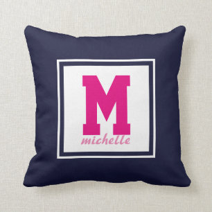 Navy Blue PINK White Preppy Monogram NAME Aangepas Kussen