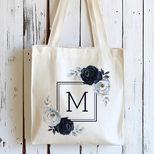Navy Blue Pioen Bloem Monogram Tote Bag