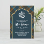 Navy Blue Plaid Frame Ramadan Iftar Invitation (Debout devant)