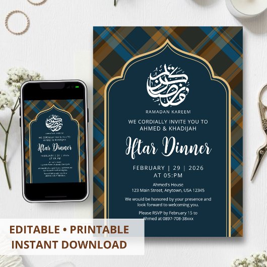 Navy Blue Plaid Frame Ramadan Iftar Invitation