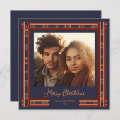 Navy Blue Plaid Ribbon Border Christmas Kaart (Voorkant / Achterkant)