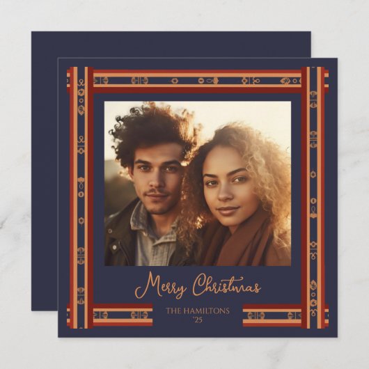 Navy Blue Plaid Ribbon Border Christmas Kaart (Voorkant / Achterkant)