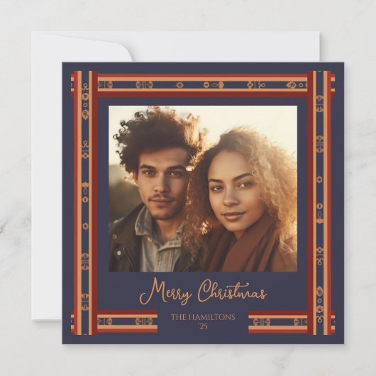 Navy Blue Plaid Ribbon Border Christmas Kaart (Voorkant)
