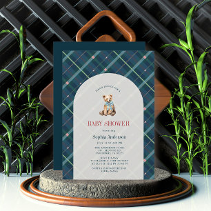 Navy Blue Plaid Teddy Bear Boy Baby shower Kaart