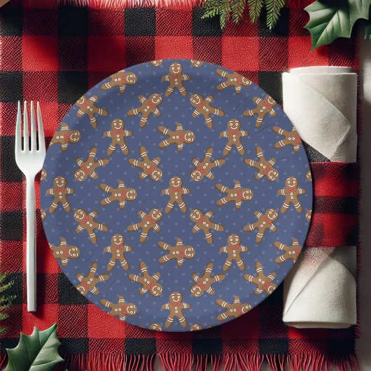 Navy Blue Polka Dot Gingerbread Man Kerstmis Papieren Bordje