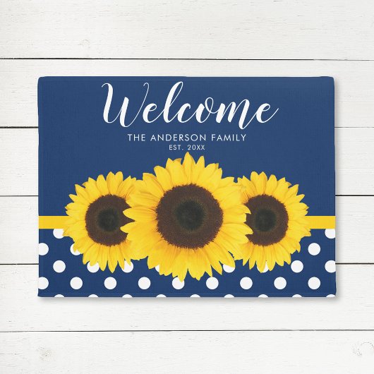 Navy Blue Polka Dot Sunflower - Aangepast Deurmat