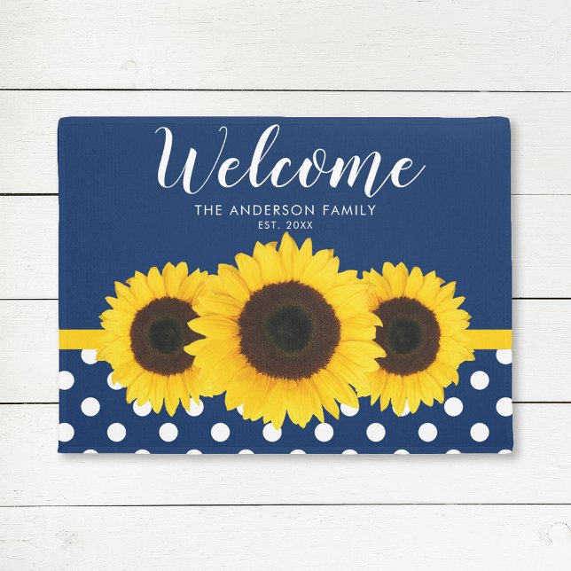 Navy Blue Polka Dot Sunflower - Aangepast Deurmat (Creator heeft geüpload)
