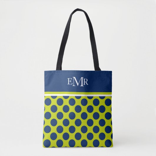 Navy Blue Polka Dots op Lime Green Monogram Draagtas (Voorkant)