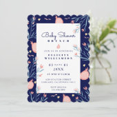 Navy Blue Pomegranate en Florals Baby shower Brunc Kaart (Staand voorkant)