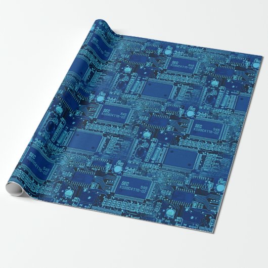 Navy & Blue Printen Circuit Pattern Cool Geeky Cadeaupapier (Uitgerold)