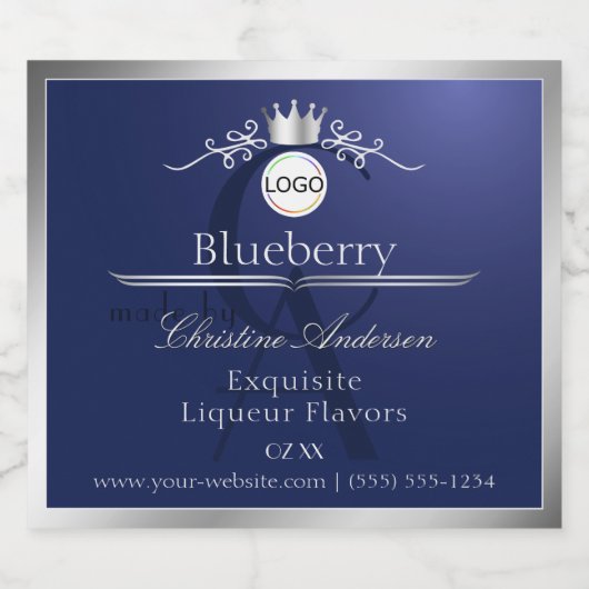 Navy Blue Product Label Silver Frame Logo Monogram Likeurfles Etiket (Enkel label)