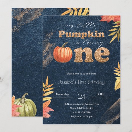 Navy Blue Pumpkin Herfst eerste uitnodiging (Voorkant / Achterkant)