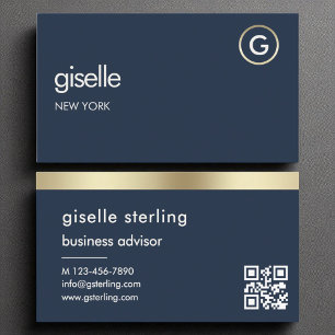 Navy Blue QR Code Faux Gold Folie Monogram Visitekaartje