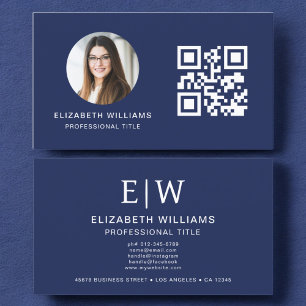 Navy Blue QR Code Foto Monogram Minimalistisch Visitekaartje