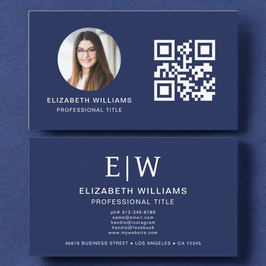 Navy Blue QR Code Foto Monogram Minimalistisch Visitekaartje