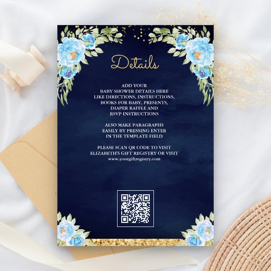Navy Blue QR Code Gift Registry Baby shower Informatiekaartje