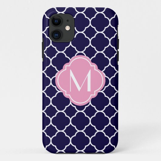 Navy Blue Quatrefoil Pattern met Monogram Case-Mate iPhone Case (Achterkant)
