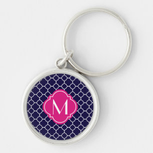 Navy Blue Quatrefoil Pattern met Monogram Sleutelhanger
