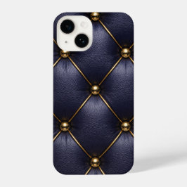 Navy Blue Quilted Leather & Gold Studs Phone Case iPhone 14 Hoesje