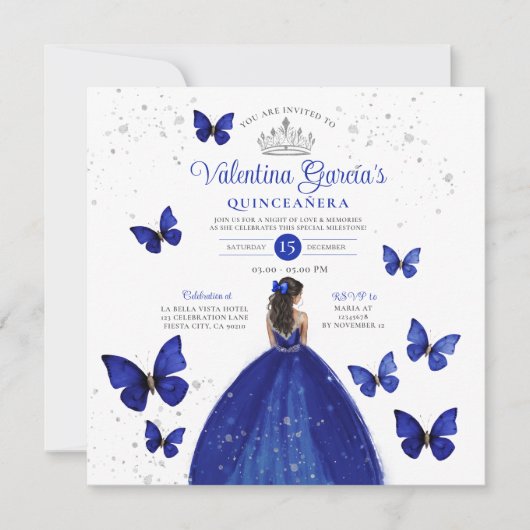 Navy Blue Quinceañera 15 Anos Butterfly Zilver In Kaart (Voorkant)