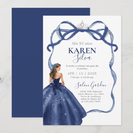 Navy Blue Quinceanera Invitation (Devant / Derrière)
